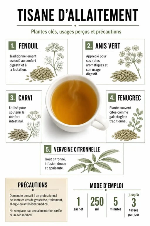 Infographie tisane allaitement sur les plantes, le dosage et les précautions