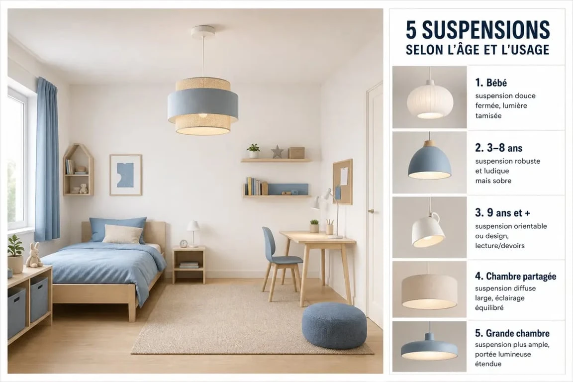 Suspension chambre enfant : comparatif visuel des styles, âges et matières