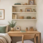 Etagere chambre enfant blanche, livres et déco soignée, lumière douce