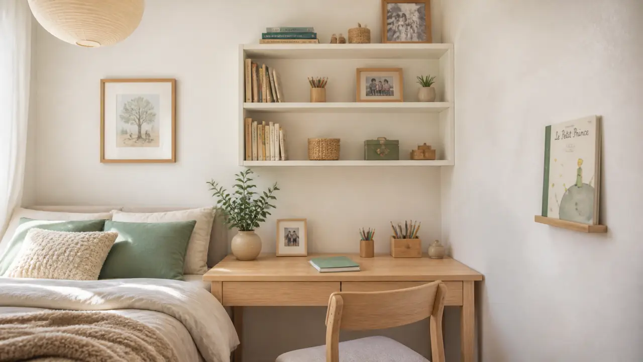 Etagere chambre enfant blanche, livres et déco soignée, lumière douce