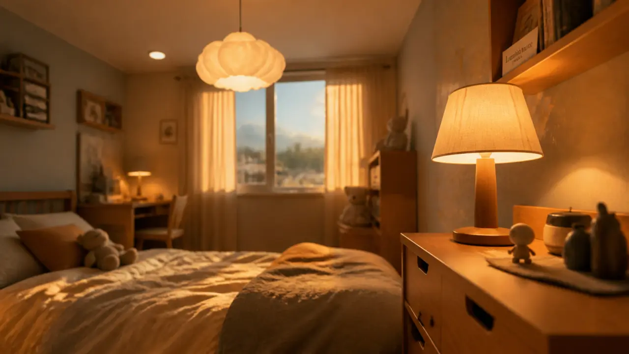 Lustre chambre enfant : suspension nuage et veilleuse sur commode