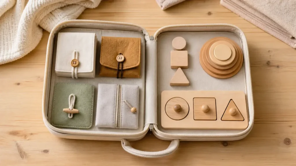 Malette Montessori 1 an : mallette d’éveil bébé ouverte sur table en bois