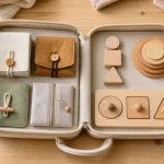 Malette Montessori 1 an : mallette d’éveil bébé ouverte sur table en bois