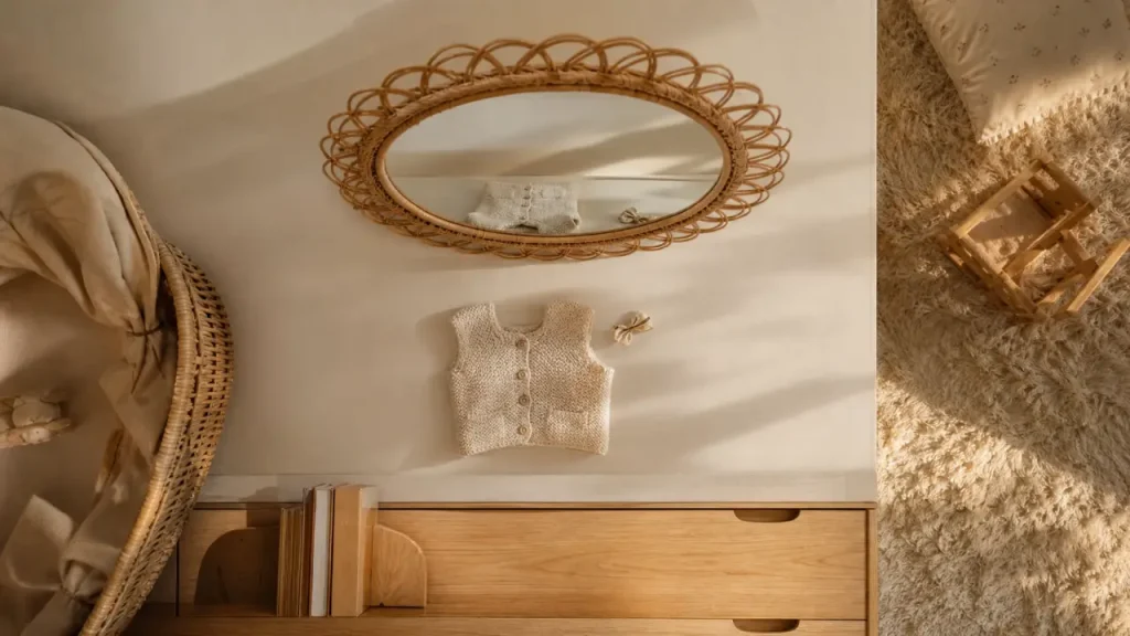 Miroir chambre enfant mural rotin, hauteur sûre et formes adaptées