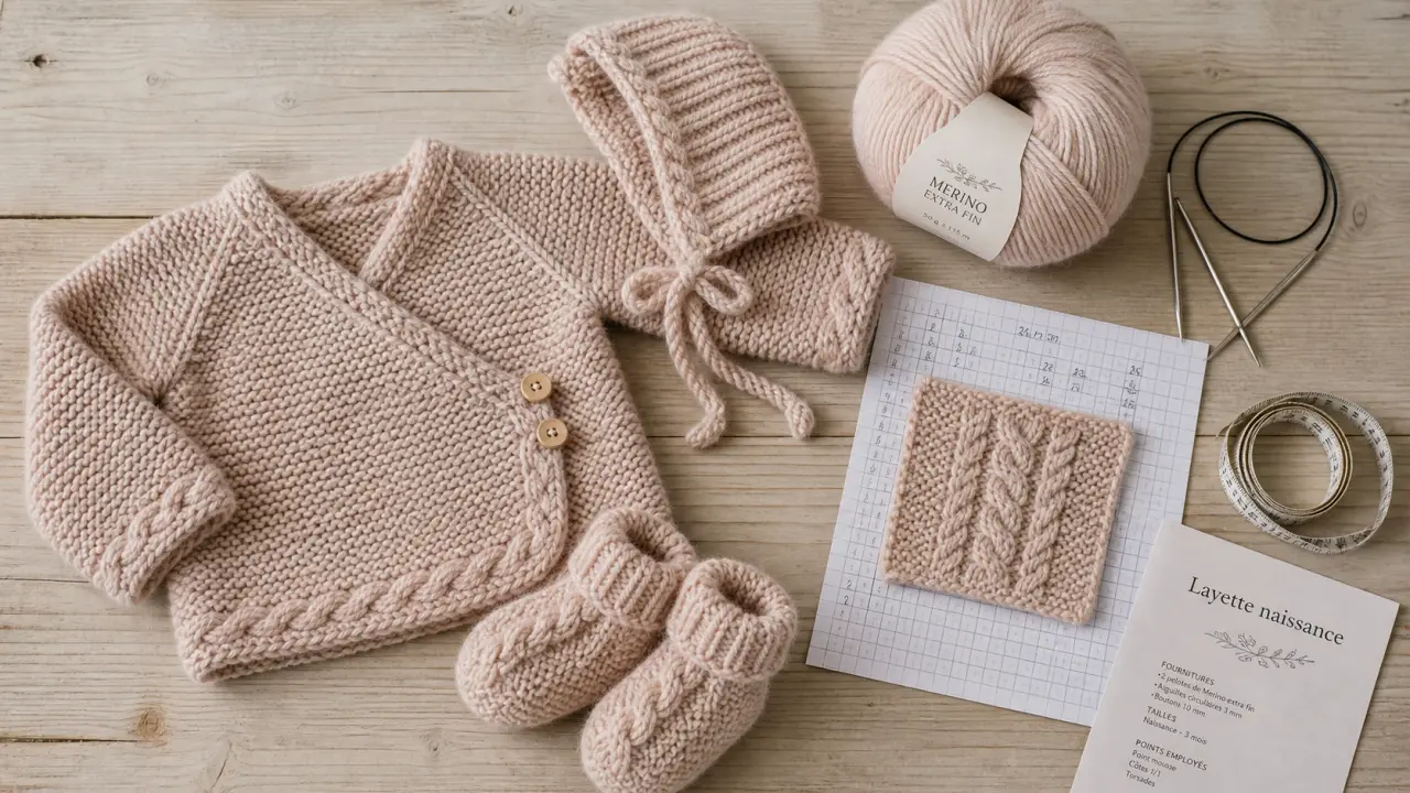Modèle tricot layette naissance gratuit avec explication : brassière, bonnet et chaussons en laine
