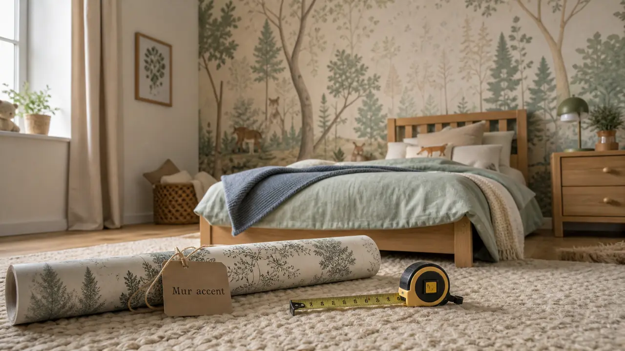 Papier peint chambre enfant panoramique jungle douce, mur accent