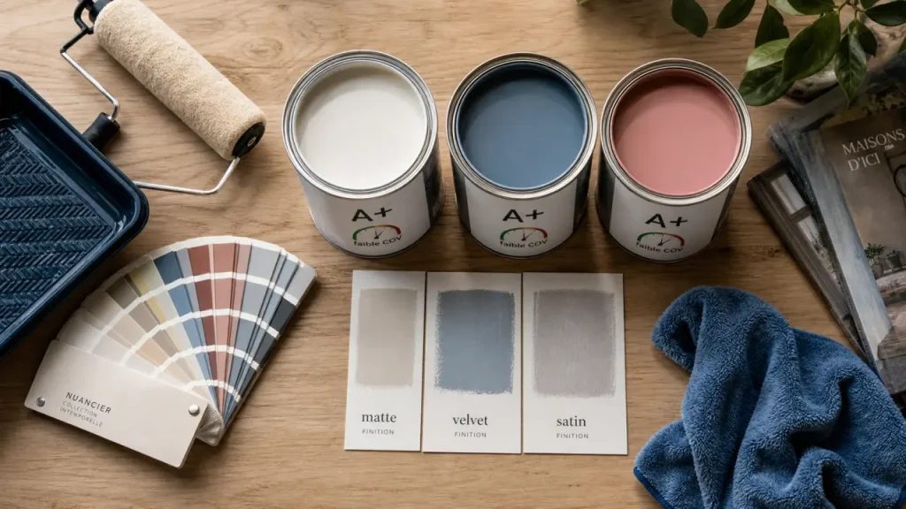 Peinture chambre enfant A+ lessivable, pots et rouleau de peinture