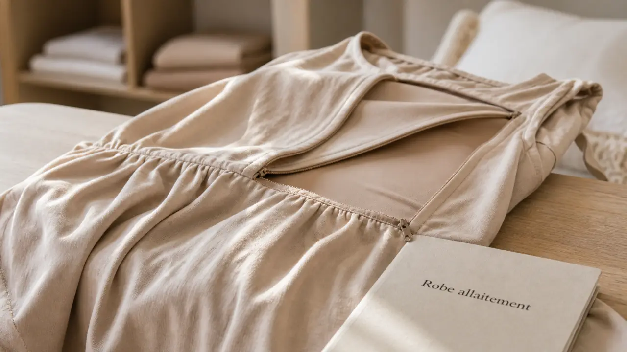 Robe allaitement beige en coton bio, discrète et confortable