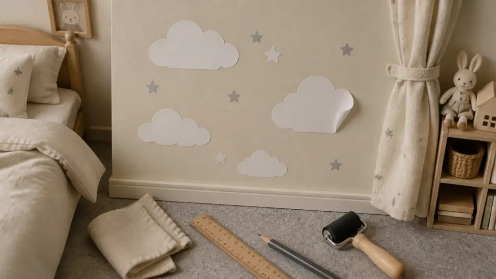 Stickers chambre enfant nuages et étoiles sur mur crème