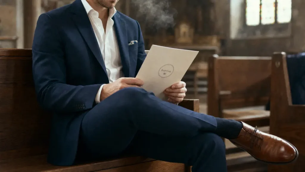 Tenue pour un baptême homme : costume bleu marine et chemise blanc cassé