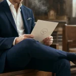 Tenue pour un baptême homme : costume bleu marine et chemise blanc cassé