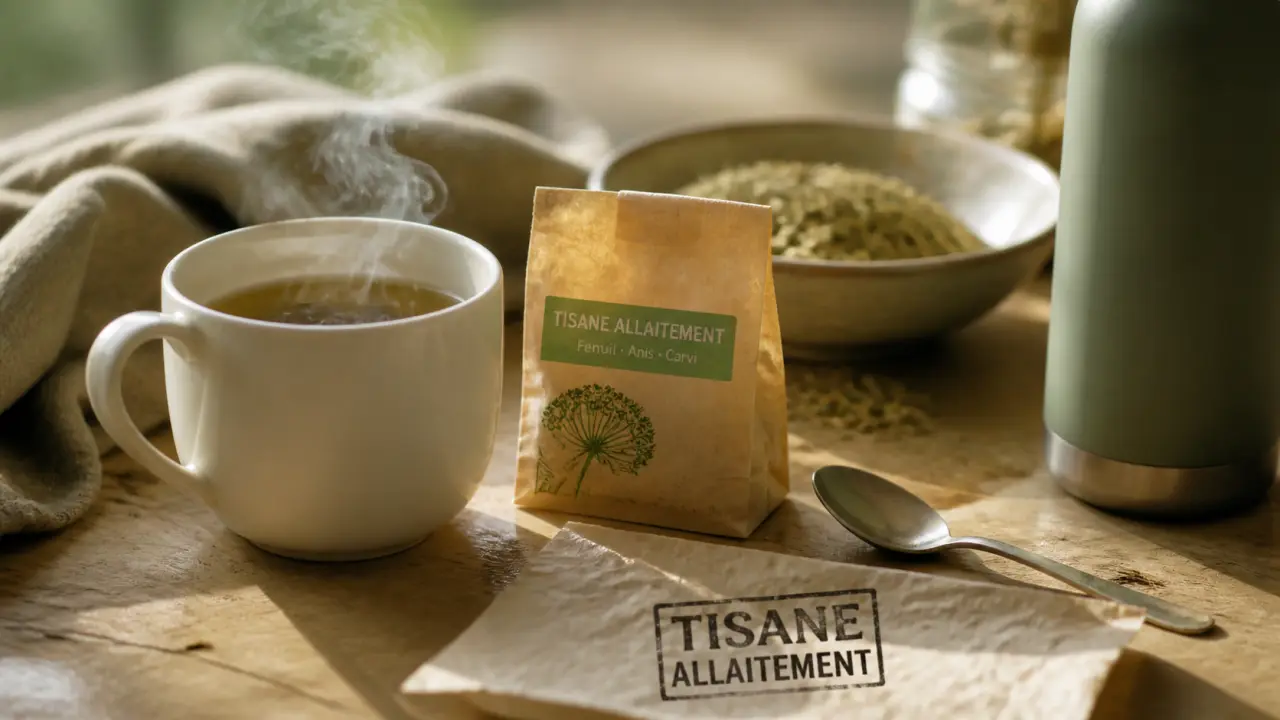 Tisane allaitement, tasse et sachet aux plantes galactogènes