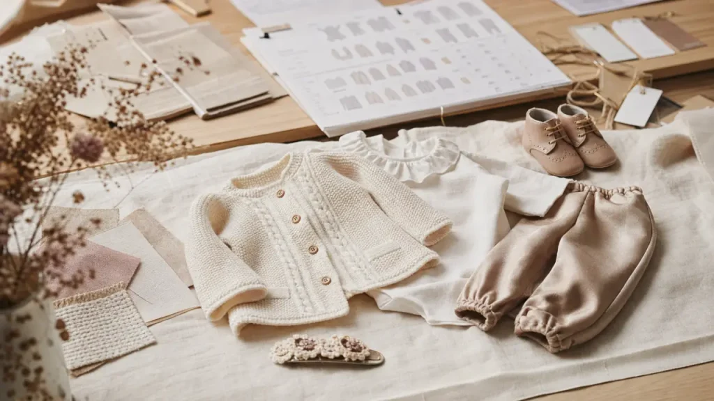 Vêtement bébé marque de luxe sur lin ivoire, tenue crème et beige, accessoires discrets