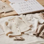 Vêtement bébé marque de luxe sur lin ivoire, tenue crème et beige, accessoires discrets