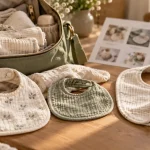 Bavoirs coton bio : naissance, mini et réversible sur linge beige