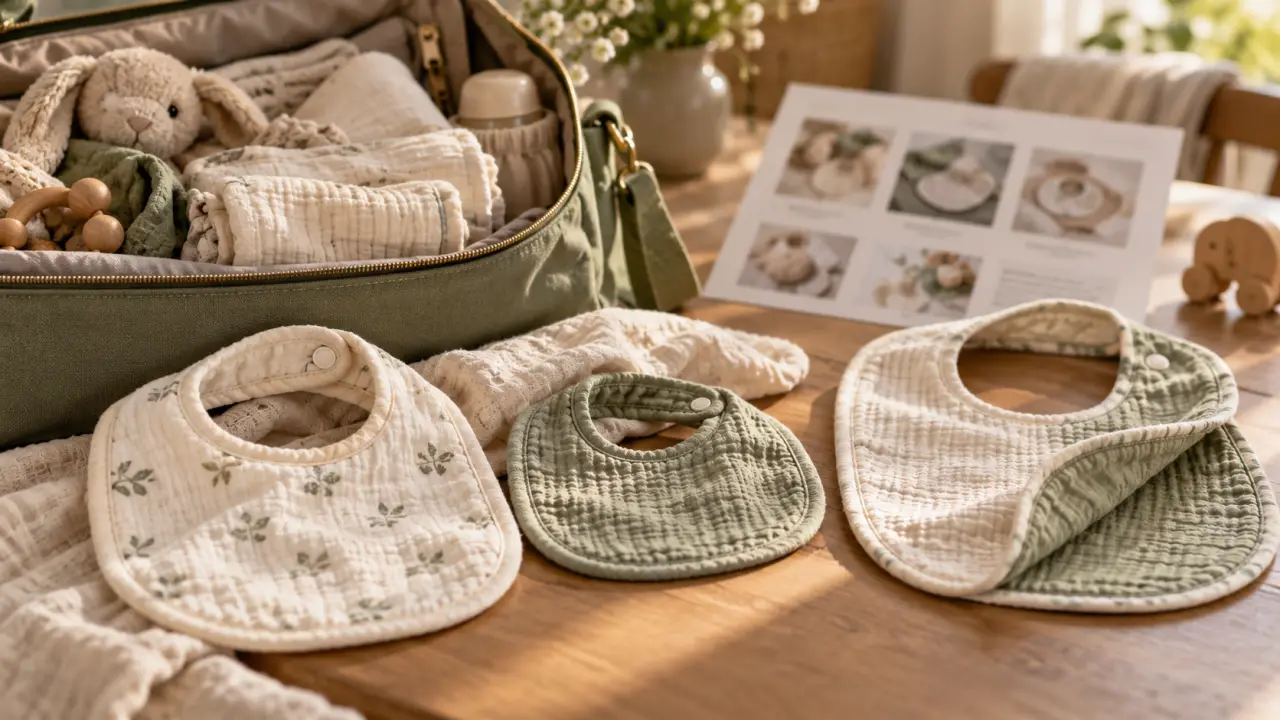 Bavoirs coton bio : naissance, mini et réversible sur linge beige