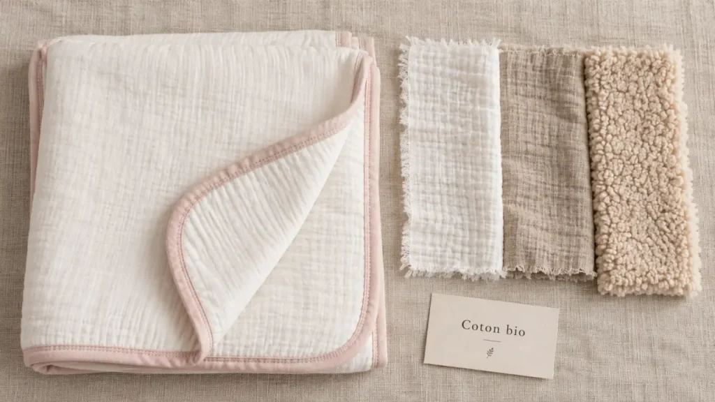 Couverture bébé coton bio : gaze double, mousseline et sherpa en coton bio