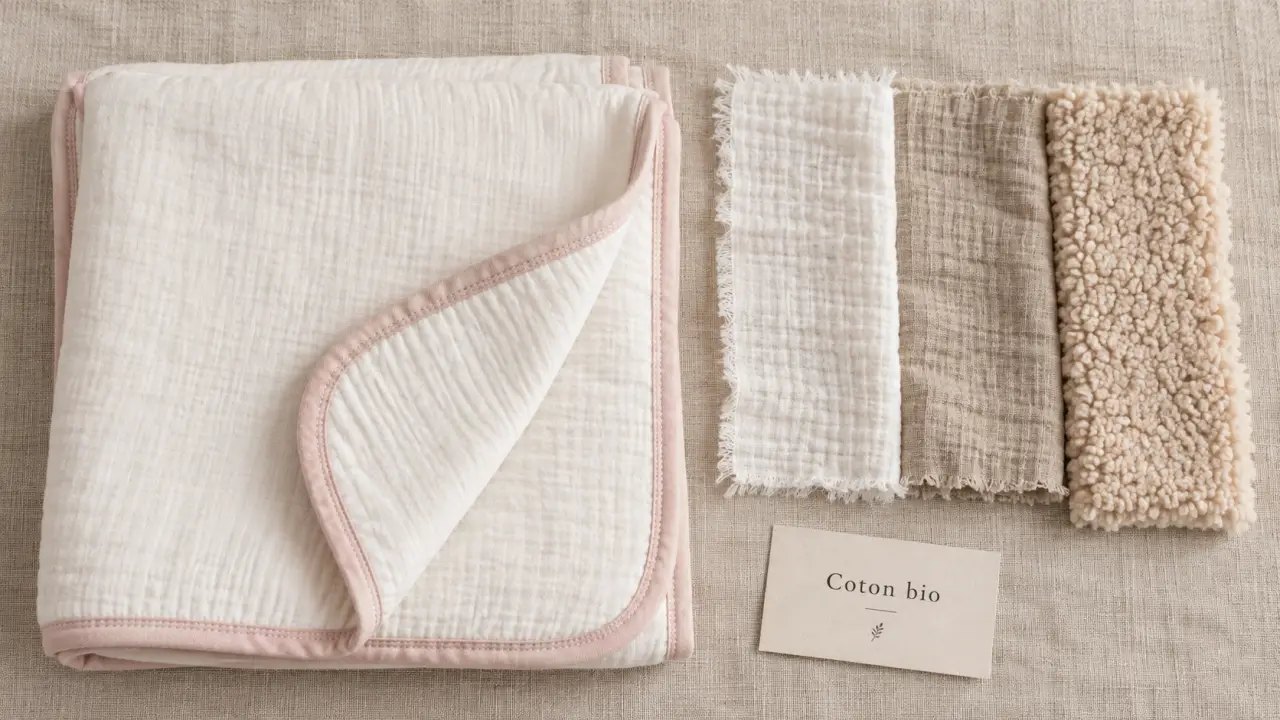 Couverture bébé coton bio : gaze double, mousseline et sherpa en coton bio