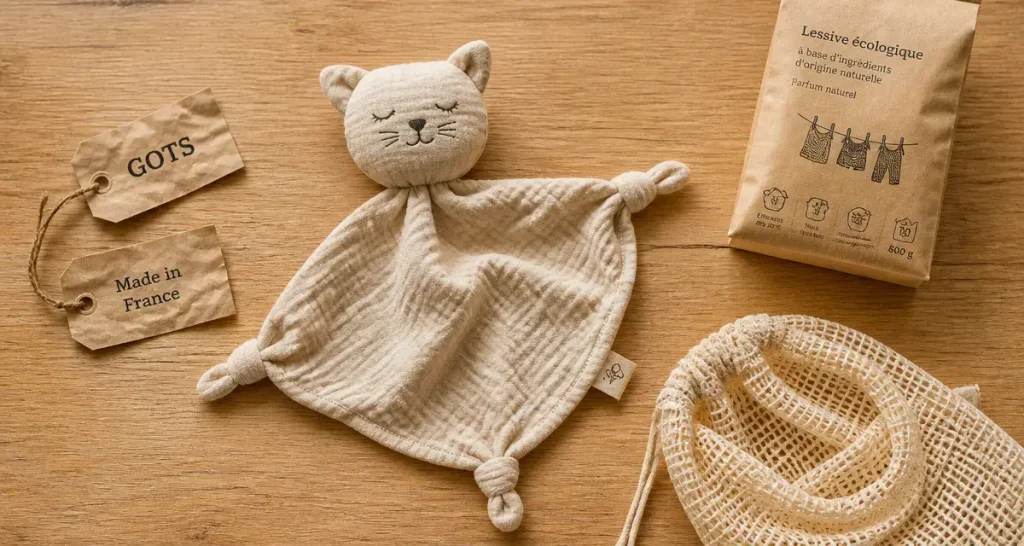 Doudou coton bio sur table bois, label GOTS et Made in France