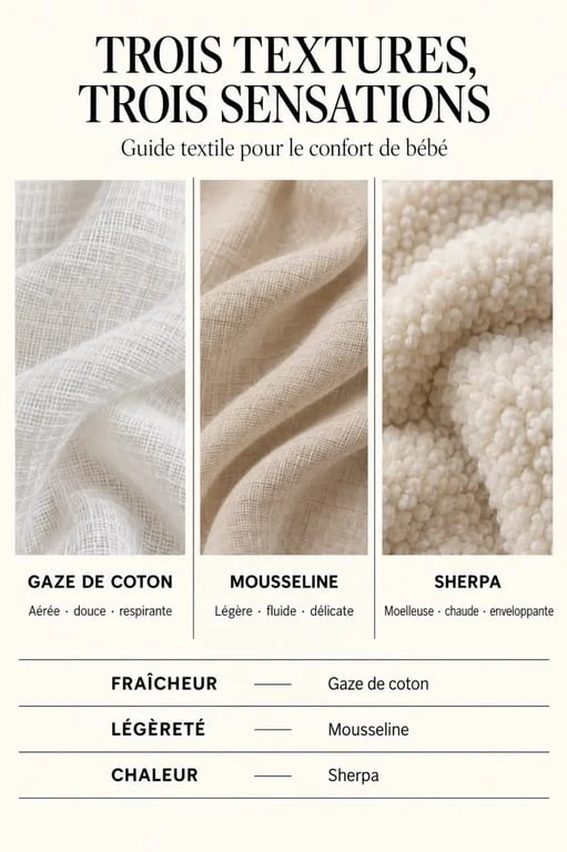 Comparatif des matières de couverture bébé en coton bio : gaze, mousseline et sherpa pour le confort de l'enfant