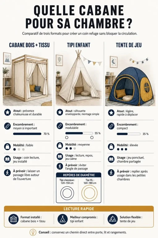 Infographie comparative d’une cabane chambre enfant, d’un tipi et d’une tente de jeu selon l’espace et l’usage