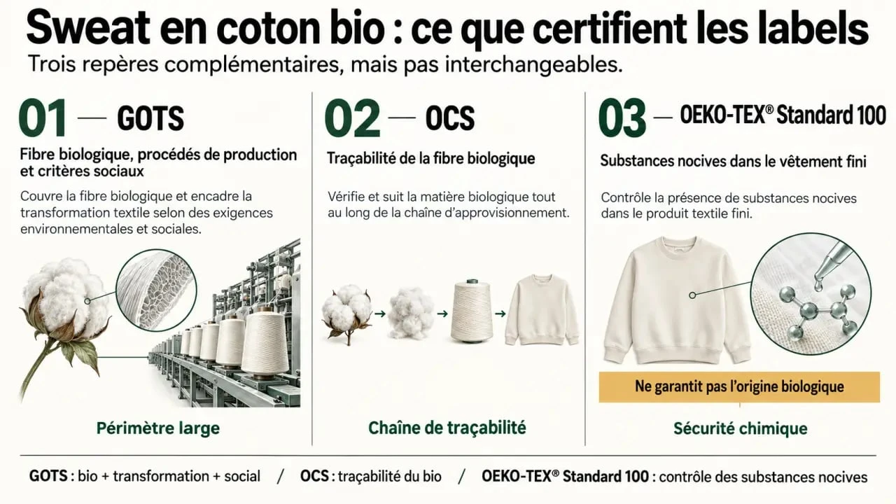 Infographie des certifications d’un sweat coton bio : GOTS, OCS et OEKO-TEX Standard 100