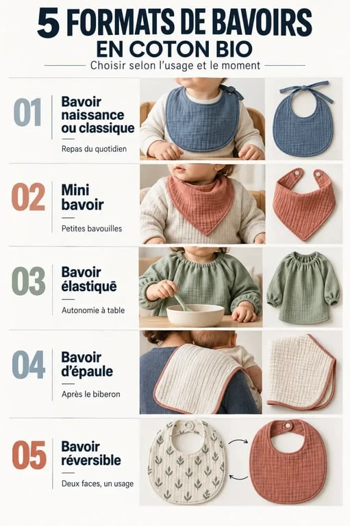Infographie des formats de bavoirs coton bio : naissance, mini, élastiqué, d’épaule et réversible