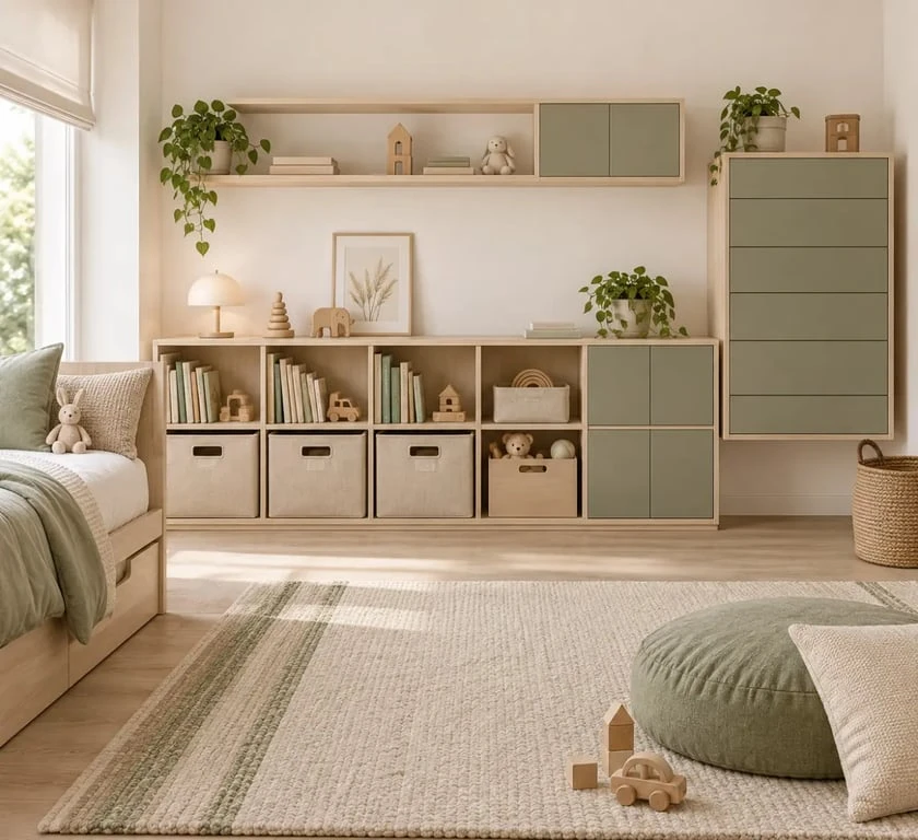 Décoration chambre enfant avec rangement accessible, meubles sécurisés et paniers à jouets