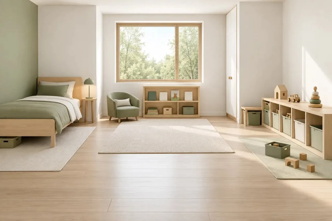 Décoration chambre enfant organisée avec coin nuit, coin lecture et espace de jeu