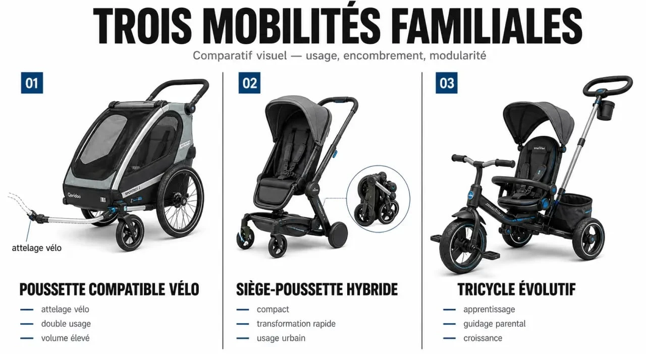 poussette velo : comparaison visuelle entre une poussette compatible vélo, un siège-poussette hybride et un tricycle évolutif