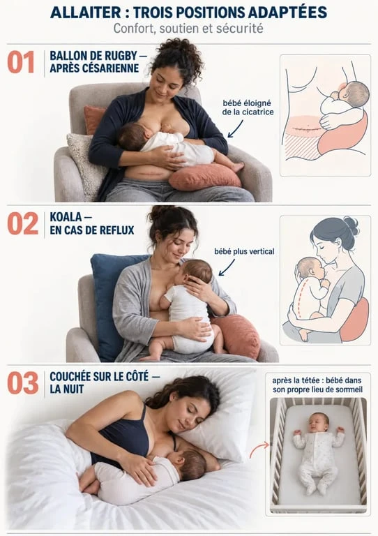 Positions d’allaitement adaptées à la césarienne, au reflux et aux tétées de nuit