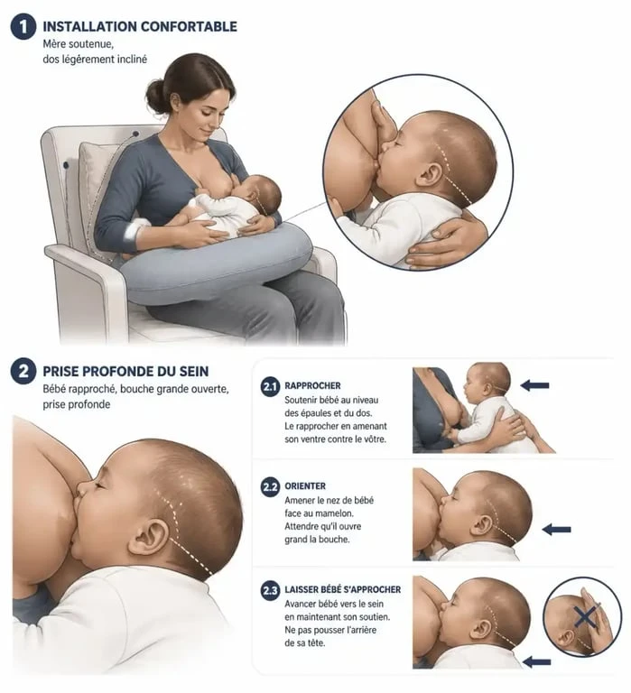 Position allaitement : bébé aligné ventre contre ventre et prise profonde du sein