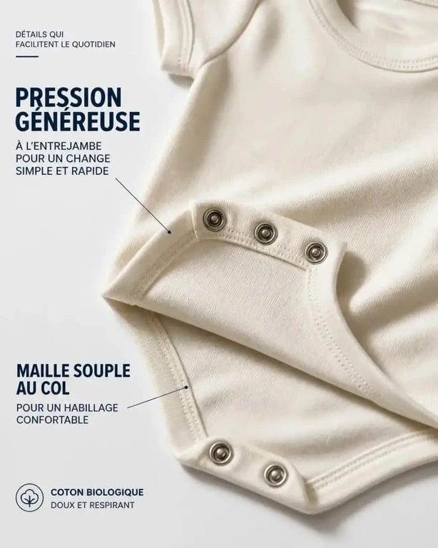 Détail des pressions et de la matière coton biologique d'un vêtement bébé garçon original
