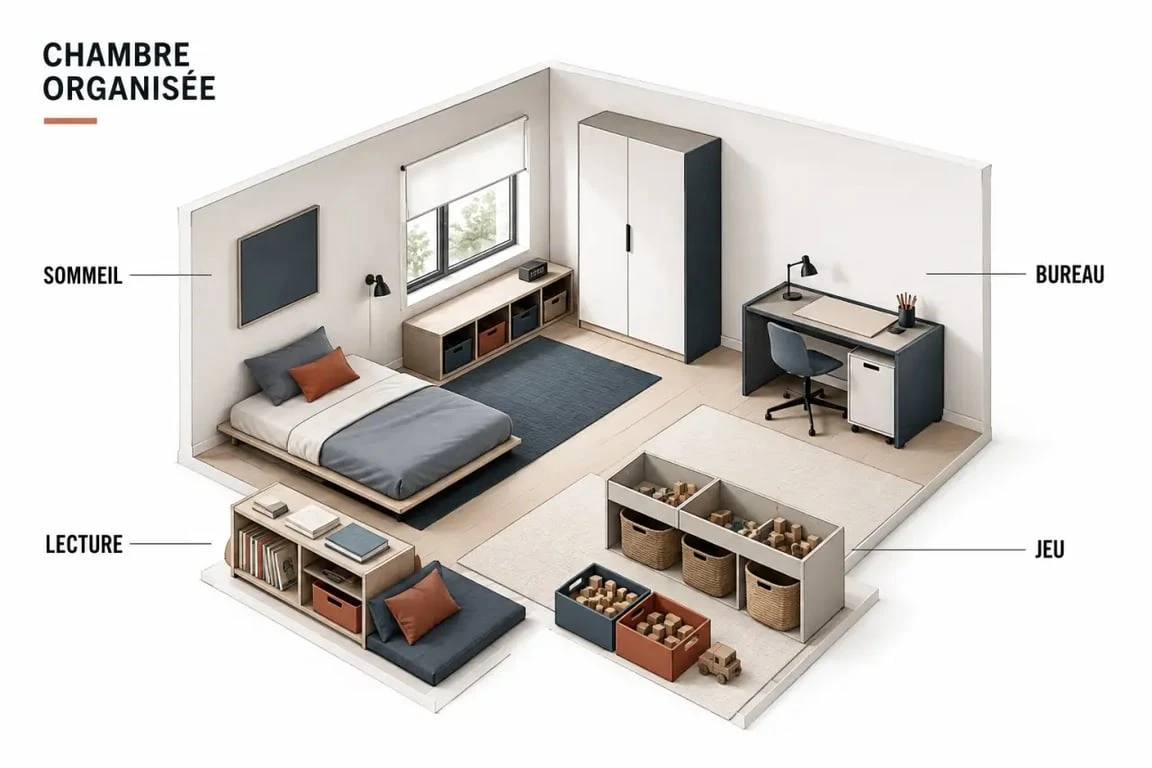 Rangement chambre enfant organisé en zones : sommeil, lecture, jeu et bureau