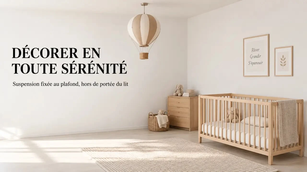 Montgolfière chambre bébé suspendue hors de portée au-dessus d'un espace dégagé