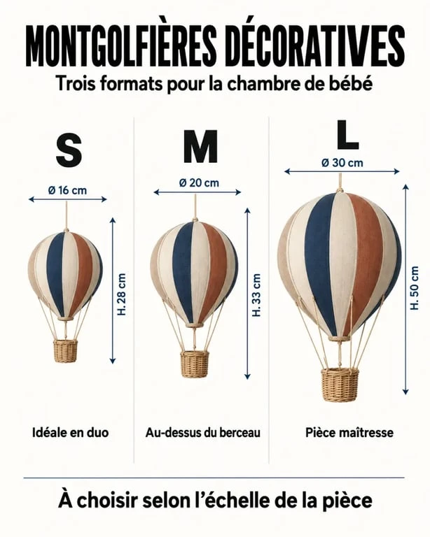 Infographie des tailles de montgolfière chambre bébé, du modèle S au modèle L