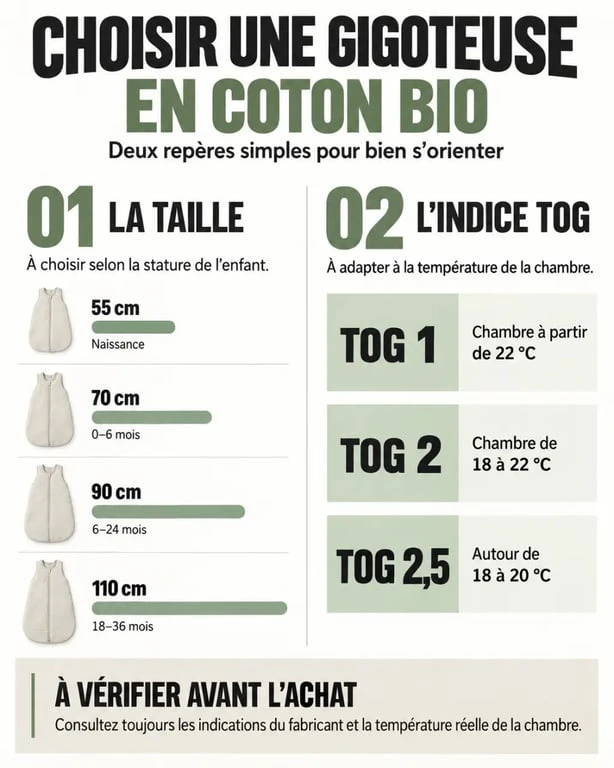 Infographie pour choisir une gigoteuse coton bio selon la taille et le TOG