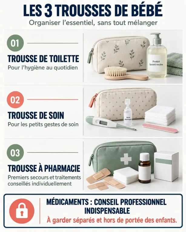 Trousse de soin bébé pharmacie : comparaison visuelle entre trousse de toilette, trousse de soin et trousse à pharmacie