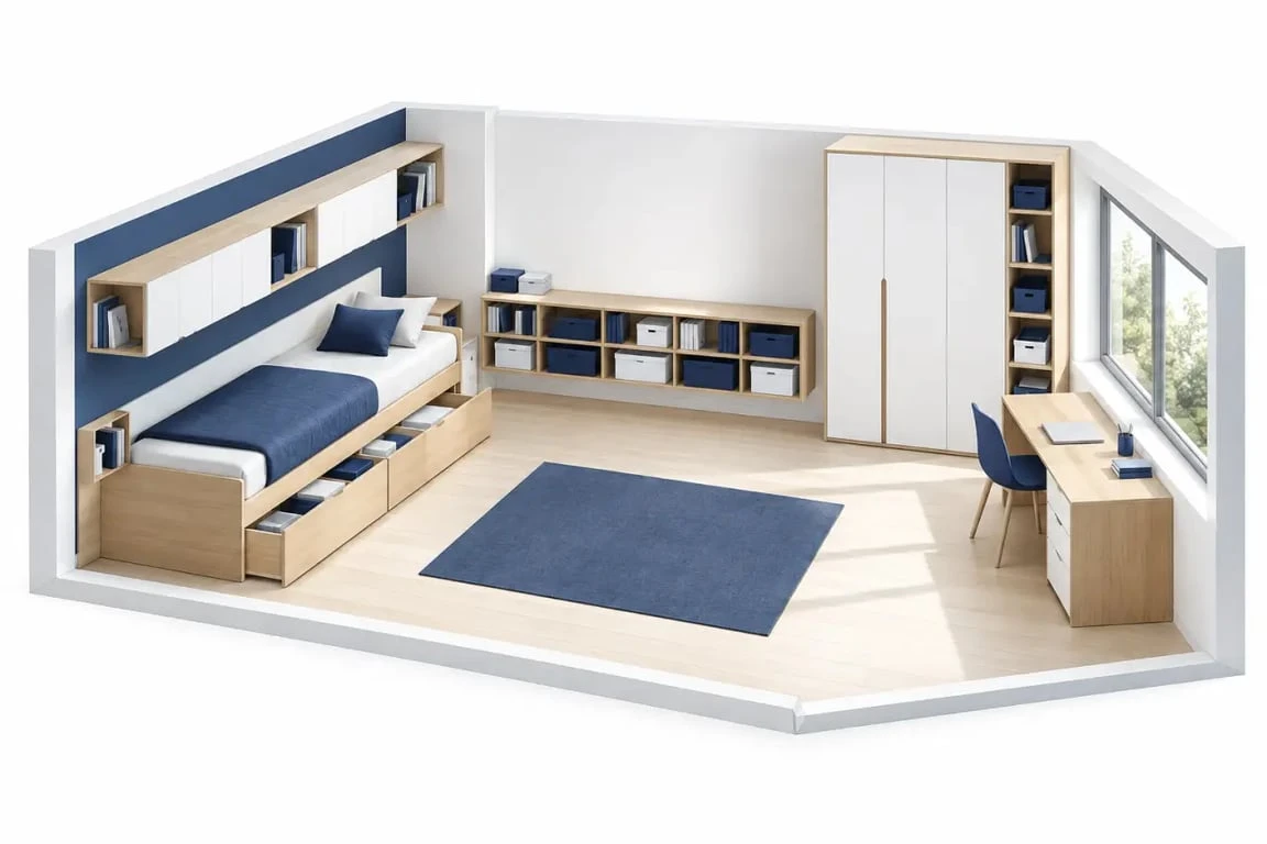 Petite chambre enfant garçon avec lit à tiroirs, rangements accessibles et bureau compact