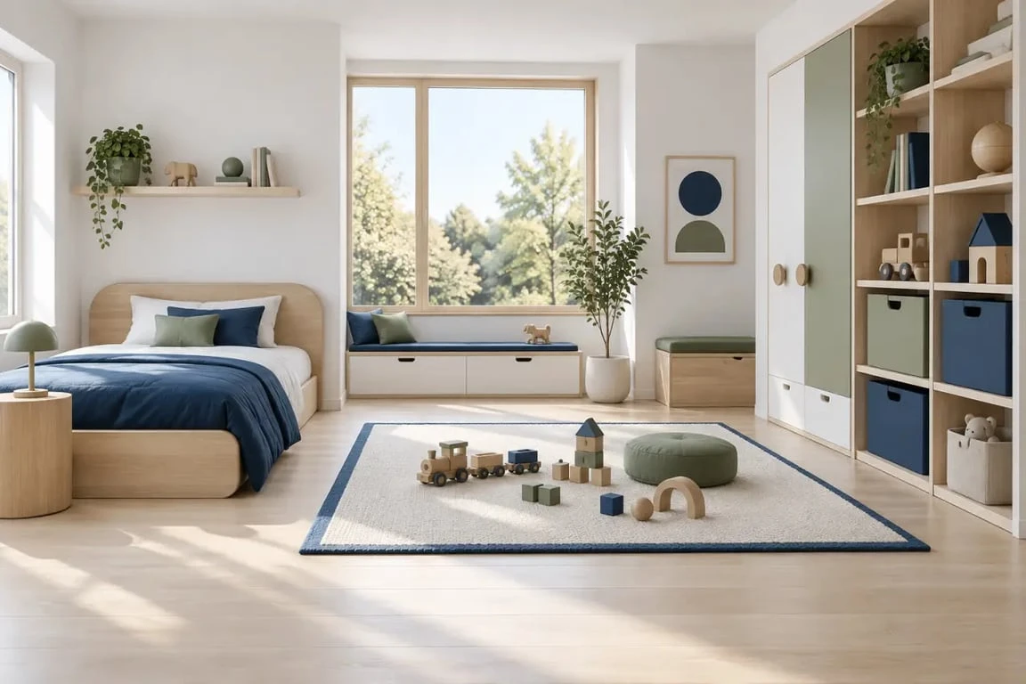 Chambre enfant garçon organisée autour du sommeil, du jeu et du rangement