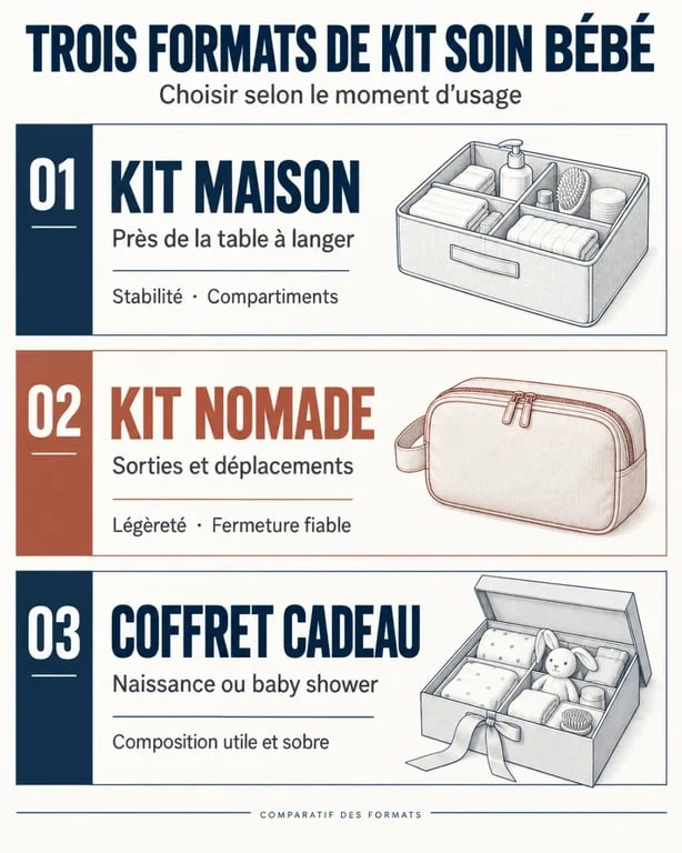 Comparatif visuel des formats de kit soin bébé maison nomade et coffret cadeau