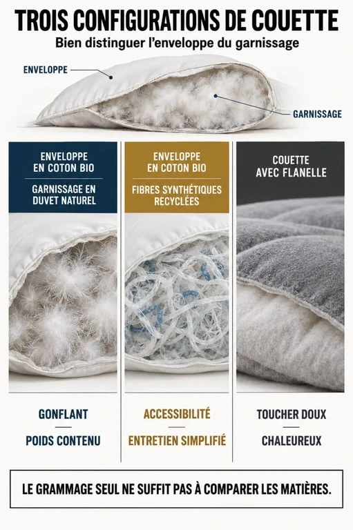 Infographie comparative sur la couette coton bio, son enveloppe et ses différents garnissages
