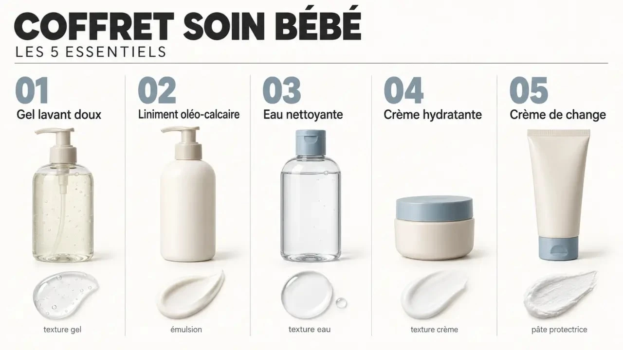 Infographie des cinq essentiels d’un coffret soin bébé