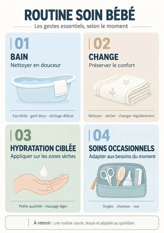 Infographie des quatre catégories de produit soin bébé pour le bain, le change et l’hydratation