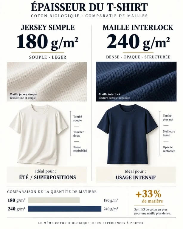 Infographie sur le grammage d'un t-shirt coton bio : jersey 180 g/m² et maille interlock 240 g/m²