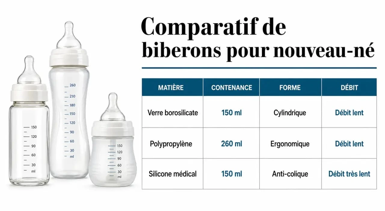 Tableau comparatif biberon nouveau-né avec matière, contenance, forme et débit