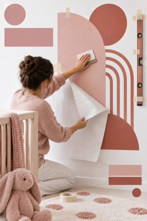 Pose d’un sticker chambre bébé fille sur un mur lisse avec marouflage