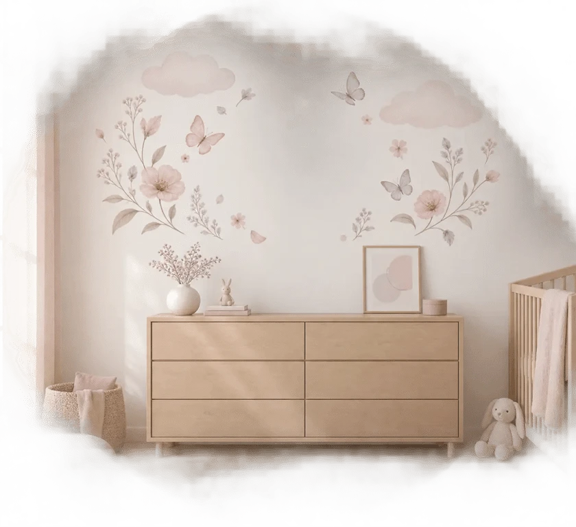 Sticker chambre bébé fille avec prénom, nuages et fleurs au-dessus d’une commode