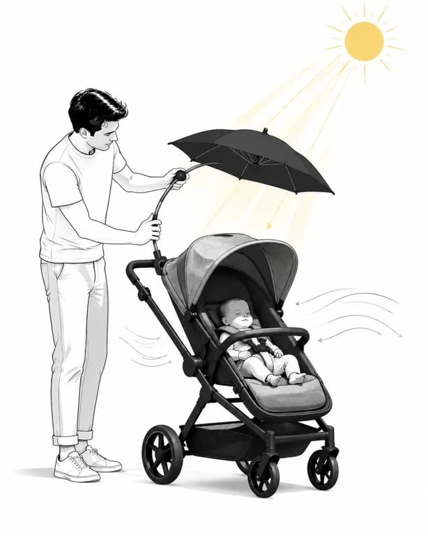Ombrelle poussette orientable fixée sur une poussette en promenade, avec réglage du bras flexible et zone d’ombre pour bébé
