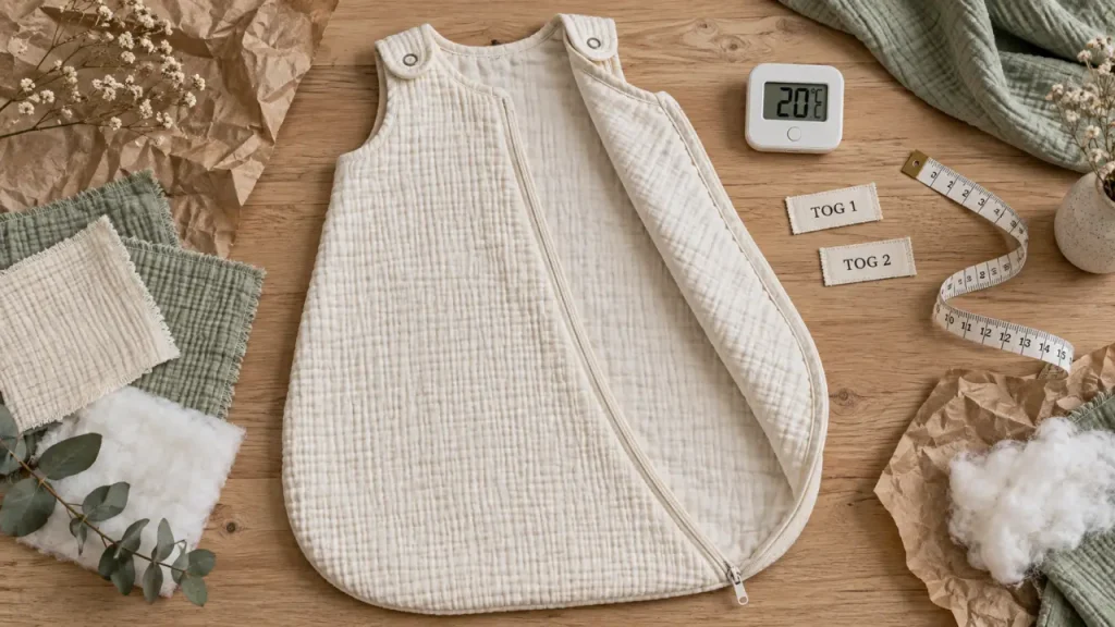 Gigoteuse coton bio avec étiquettes TOG pour bien choisir la taille selon la température